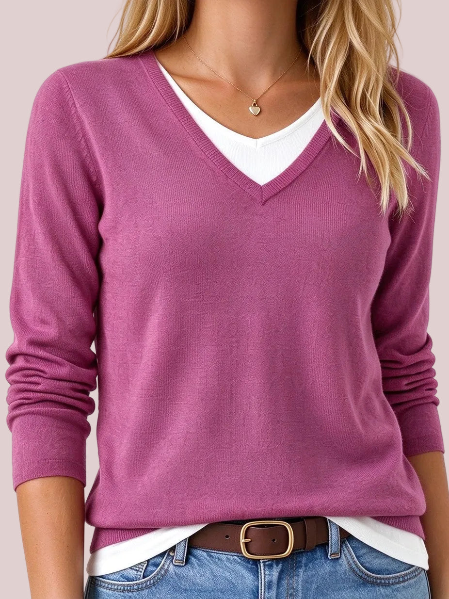 Women's V Neck Fake Two Piece Knit Sweater