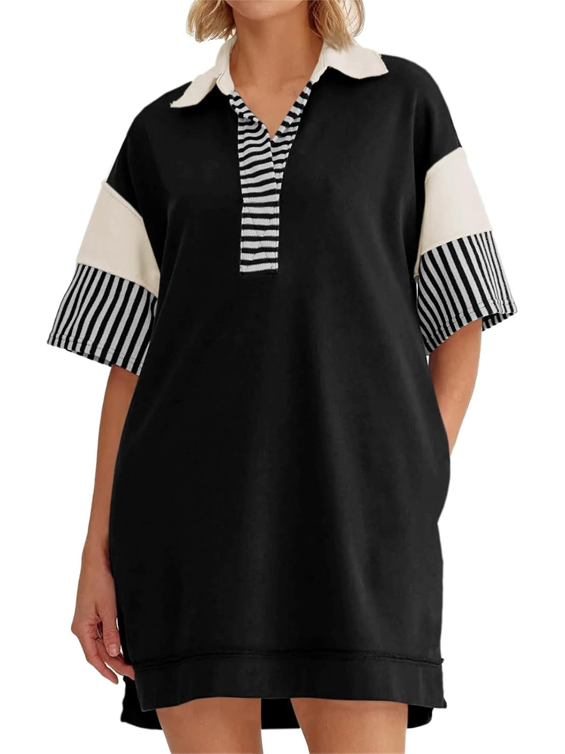 Women's Striped Colorblock Polo Collar Casual Dress