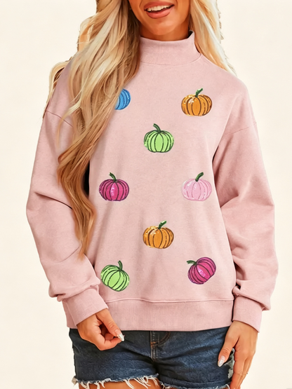 Women's Sequin Pumpkin Mock Neck Fall Sweatshirt
