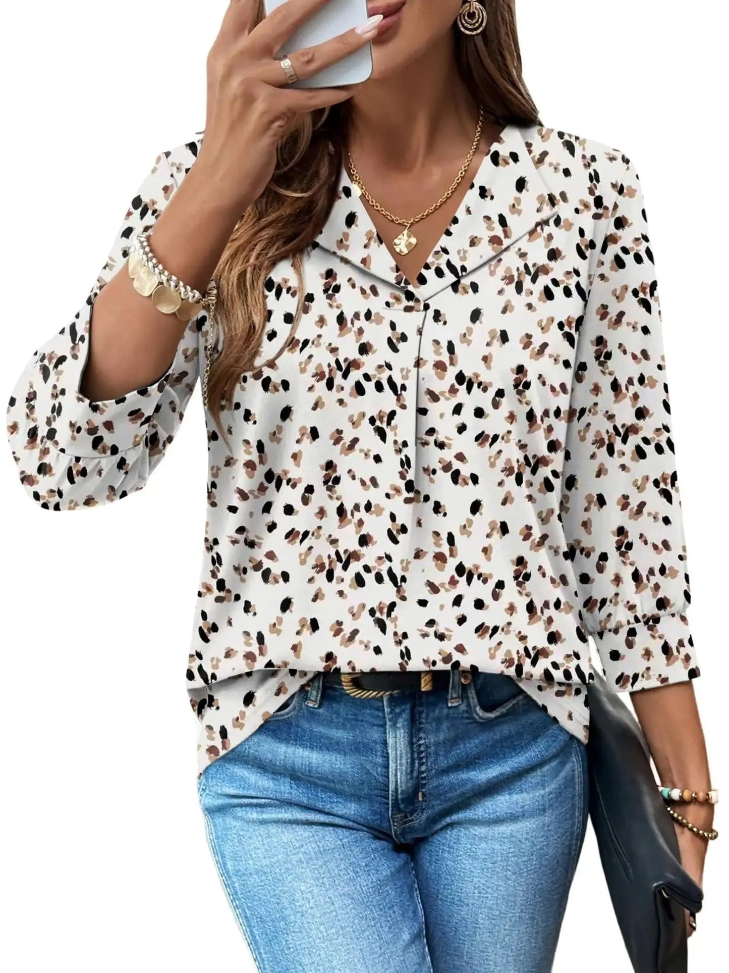 Summer Loose 3/4 Sleeve Printed Dressy Blouse