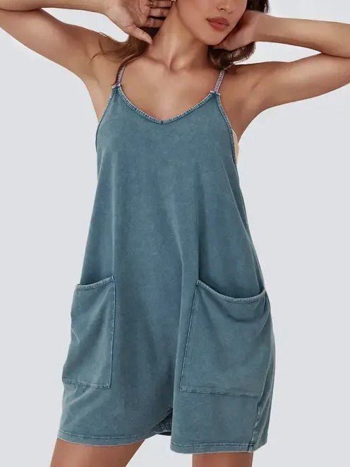 Women's V-Neck Spaghetti Strap Romper with Side Pockets