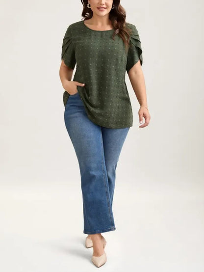 Women's Dot Textured Petal Short Sleeve Blouse