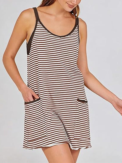 Women's Striped Athletic Mini Dress with Built-in Shorts