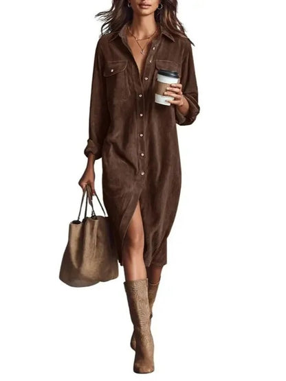 Women’s Fall Lapel Corduroy Button Down Shirt Dress