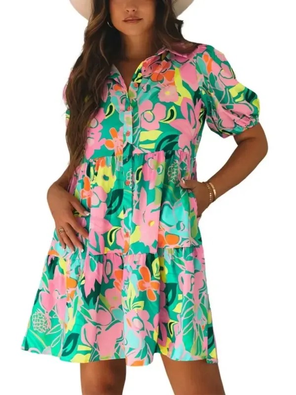 Women's Summer Boho Floral Puff Sleeve Dress