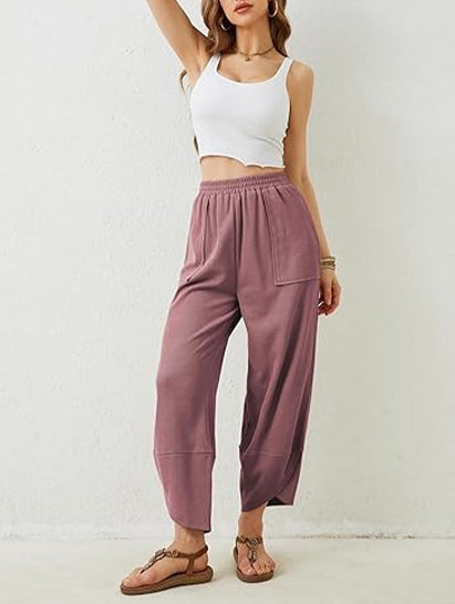 Women's Elastic Waist Wide Leg Harem Pants with Pockets