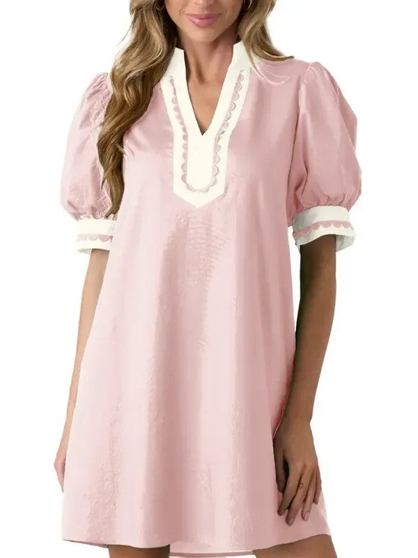 Women's Scalloped Trim Puff Sleeve Mini Dress