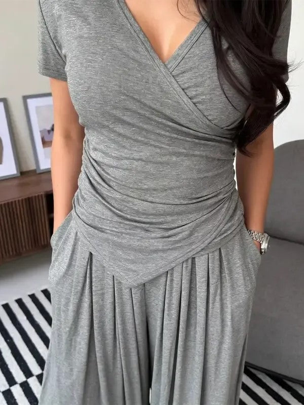 Women's Wrap Top Wide Leg Pants 2‑Piece Set