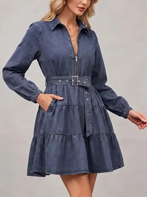 Women's Zip‑Up Long Sleeve Tiered Denim Dress