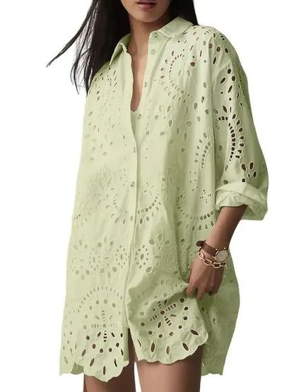 Women‘s Eyelet Lace Button Down Shirt Dress