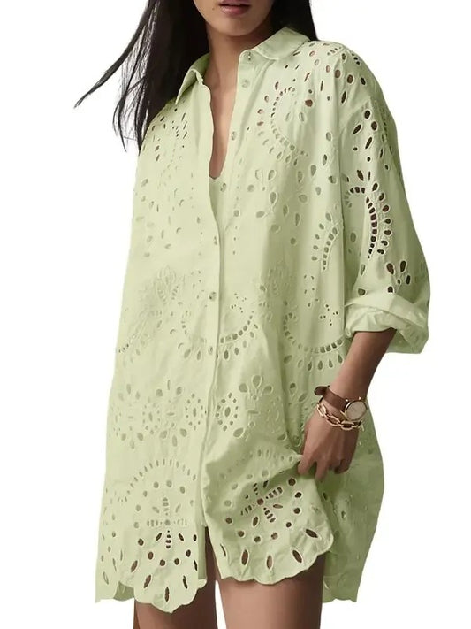 Women‘s Eyelet Lace Button Down Shirt Dress