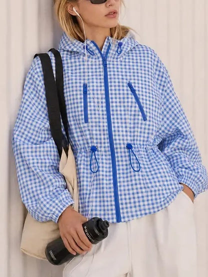 Women's Oversized Plaid Checkered Casual Windbreaker Coat