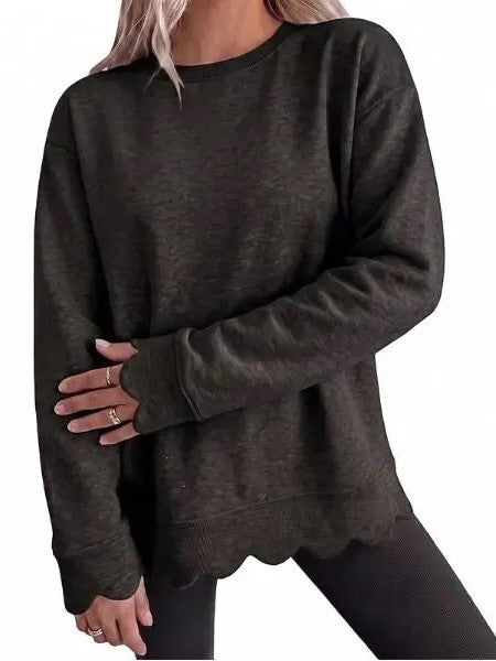Women's Crew Neck Wavy Scallop Oversized Sweatshirt