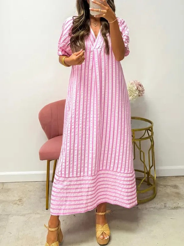 Women’s Stripe Puff Sleeves Shift Dress