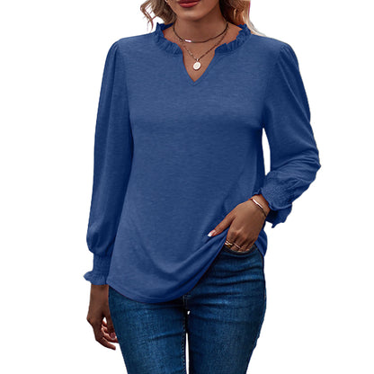 Bubble Sleeve V-neck Loose Casual Tops
