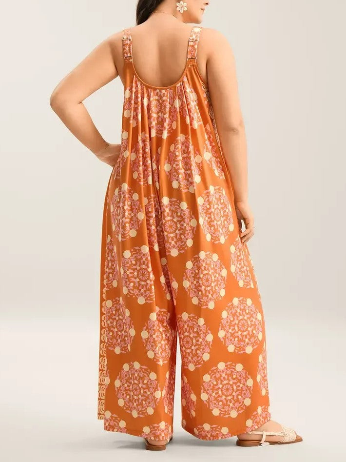 Adjustable Strap Boho Wide Leg Jumpsuit with Pockets