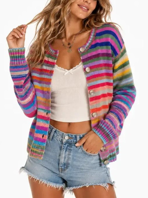 Women's Loose Colorful Striped Button Cardigan