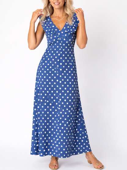 Women's Flutter Sleeve V-Neck Polka Dot Maxi Dress