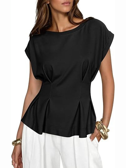 Women's Crew Neck Pleated Peplum Cap Sleeve Top