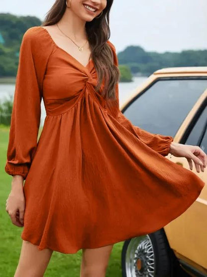 Women's Fall Sweetheart Neck Twist Front Long Sleeve Dress