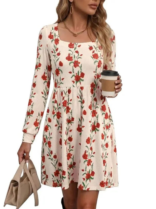 Womens Boho Floral Long Sleeve Empire Waist Dress