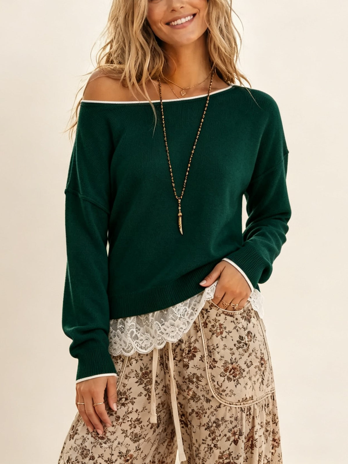 Women's Off‑Shoulder Drop Shoulder Sweater With Lace Trim