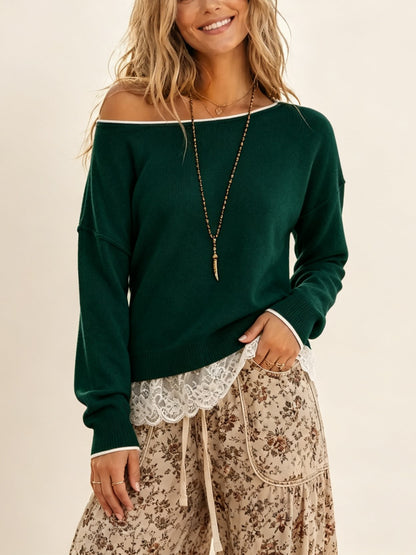 Women's Off‑Shoulder Drop Shoulder Sweater With Lace Trim