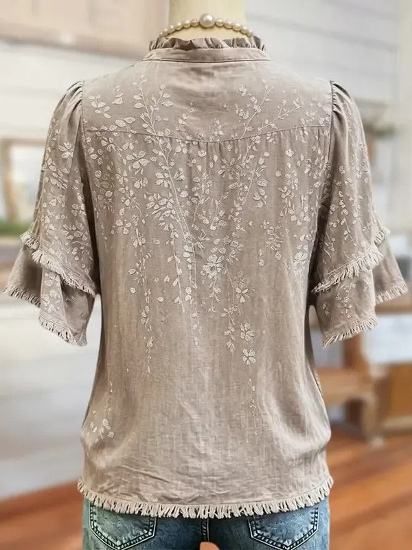 Women's Ruffle V Neck Floral Fringe Blouse