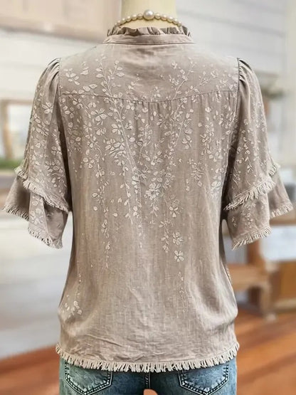 Women's Ruffle V Neck Floral Fringe Blouse