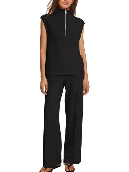 Women's Sleeveless Half Zip Top & Wide Leg Pants Set