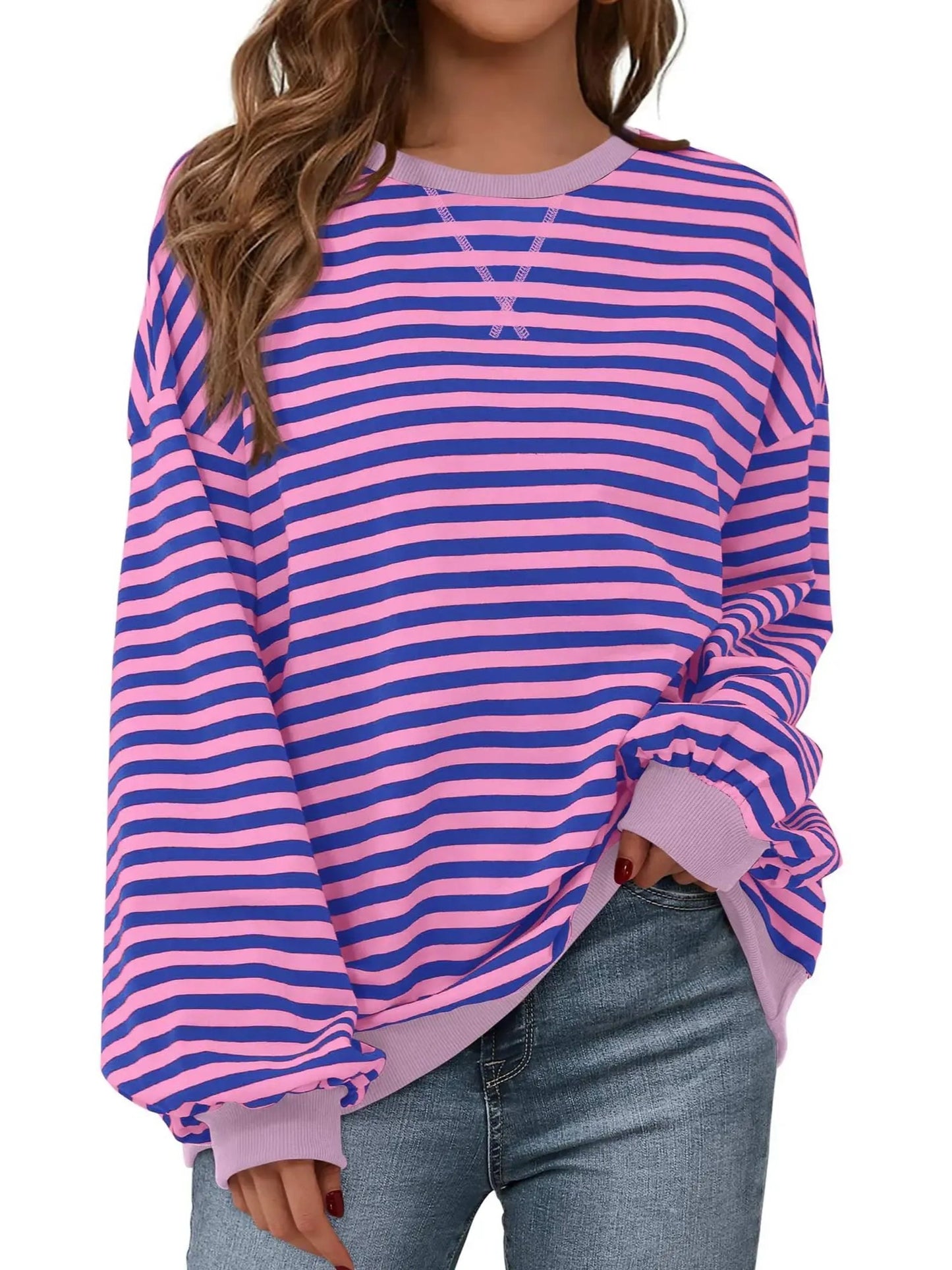 Women's Oversized Striped Long Sleeve Sweatshirt