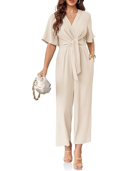 Women's Chic Tie-Front V-Neck Short Sleeve Jumpsuit