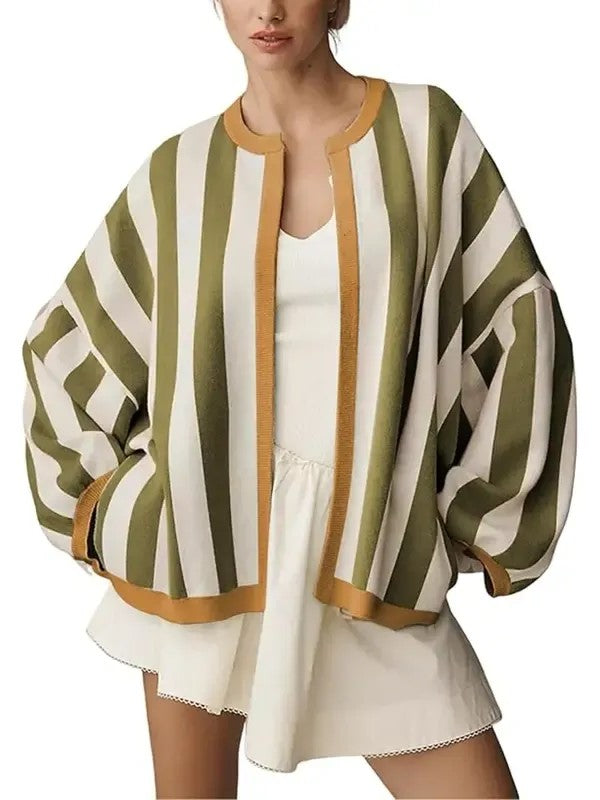 Women's Color Trim Striped Oversized Knit Cardigan