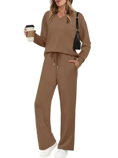 Women's Casual Long Sleeve Wide Leg Pants Set