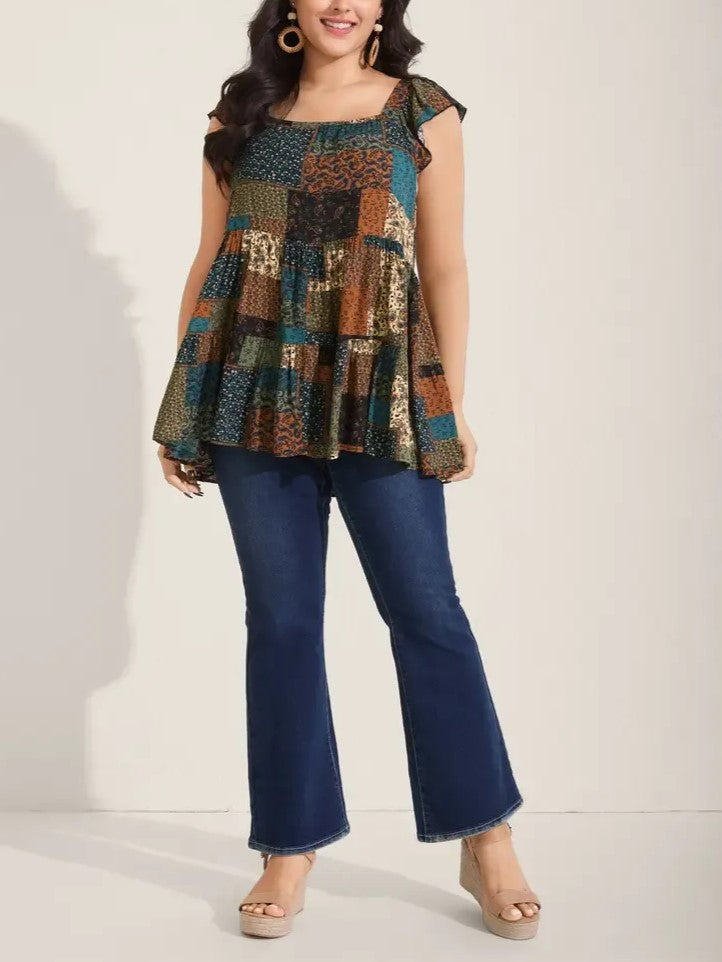 Women's Casual Boho Sleeveless Multicolor Square Neck Top