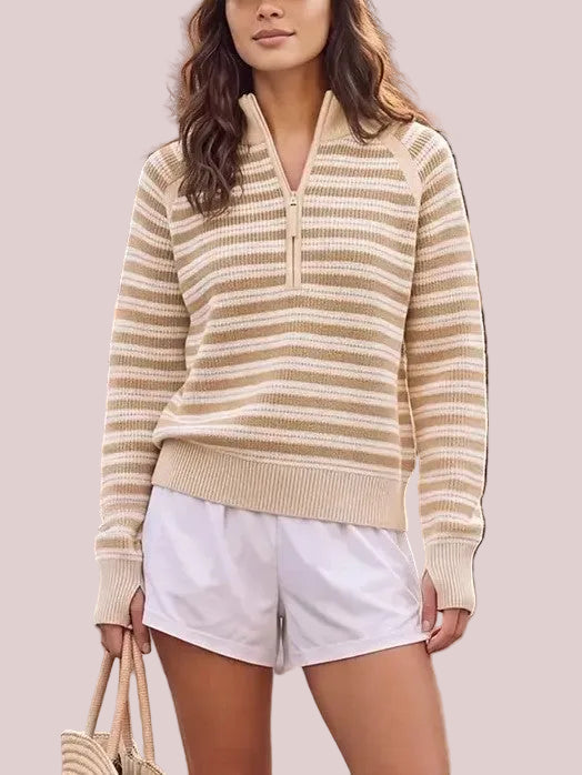 Women's Striped Waffle Knit Half Zip Pullover