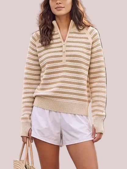 Women's Striped Waffle Knit Half Zip Pullover
