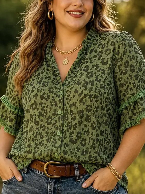 Women's Leopard Print Ruffle Neck Blouse