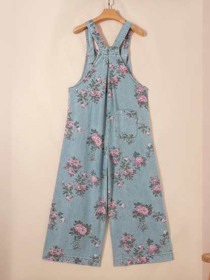 Women's Vintage Floral Denim Wide Leg Jumpsuit