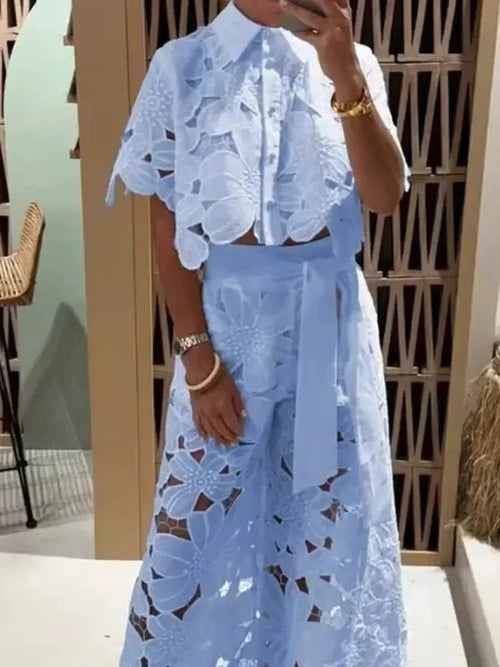 Women's Floral Eyelet Lace Crop Shirt & Wide Leg Pants 2 Piece Set