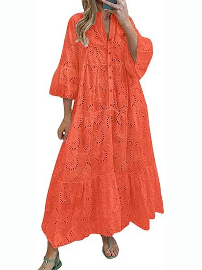 Women's 2026 Lace Eyelet Maxi Dress with Pockets