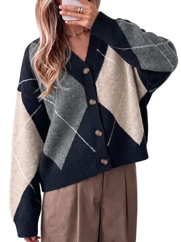 Women's Argyle Color Block V Neck Cardigan