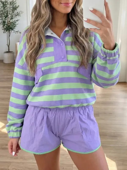 Women's Half Button Striped Casual Two Piece Set