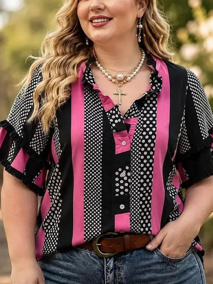 Women's Polka Dot Stripe Fringe Short Sleeve Blouse