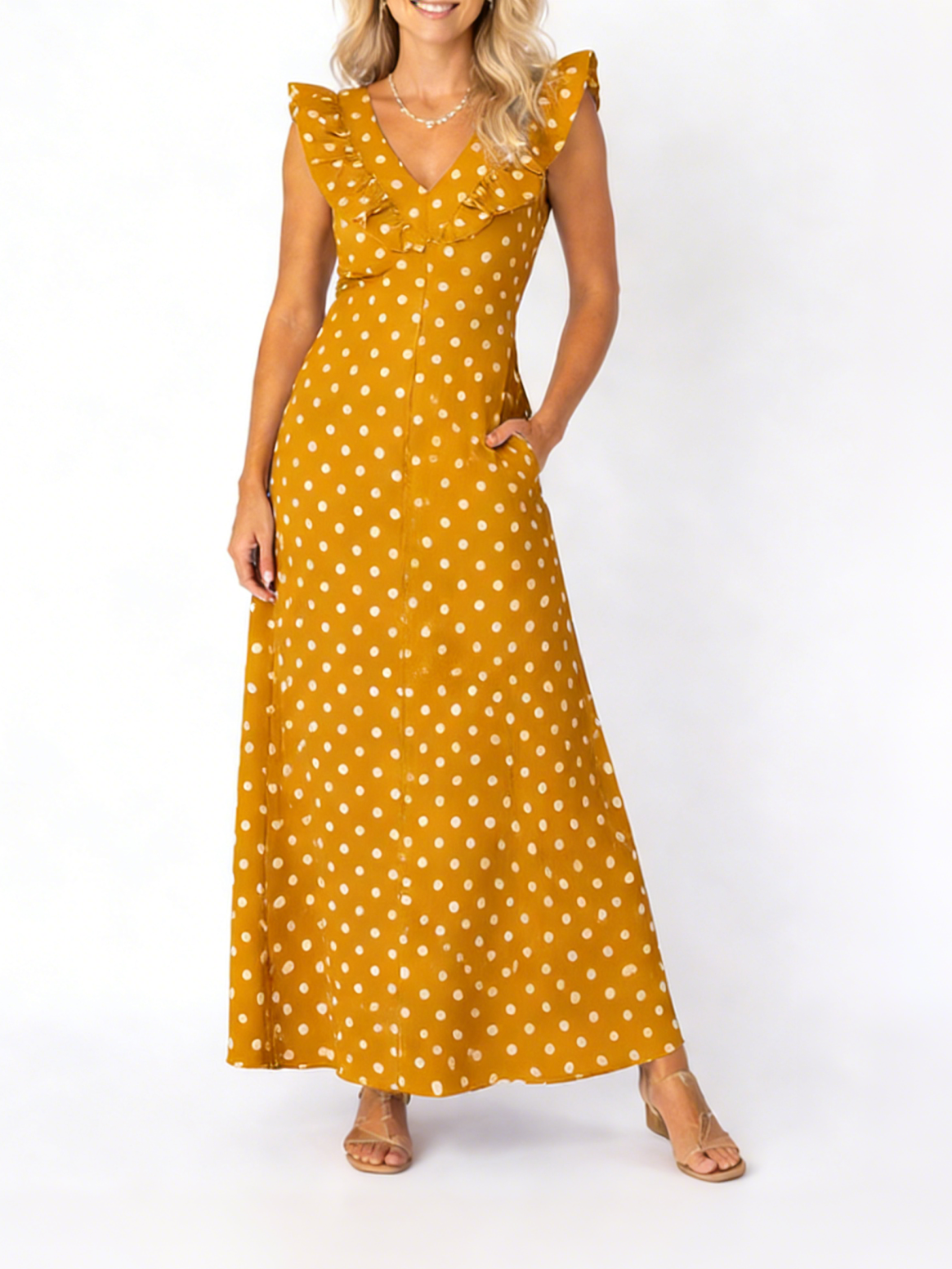 Women's Flutter Sleeve V-Neck Polka Dot Maxi Dress