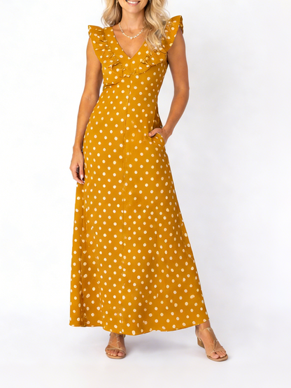 Women's Flutter Sleeve V-Neck Polka Dot Maxi Dress