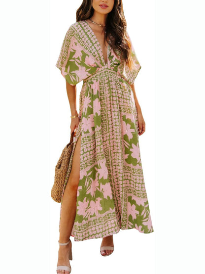 Women's A-Line Floral Print Deep V Neck Maxi Dress
