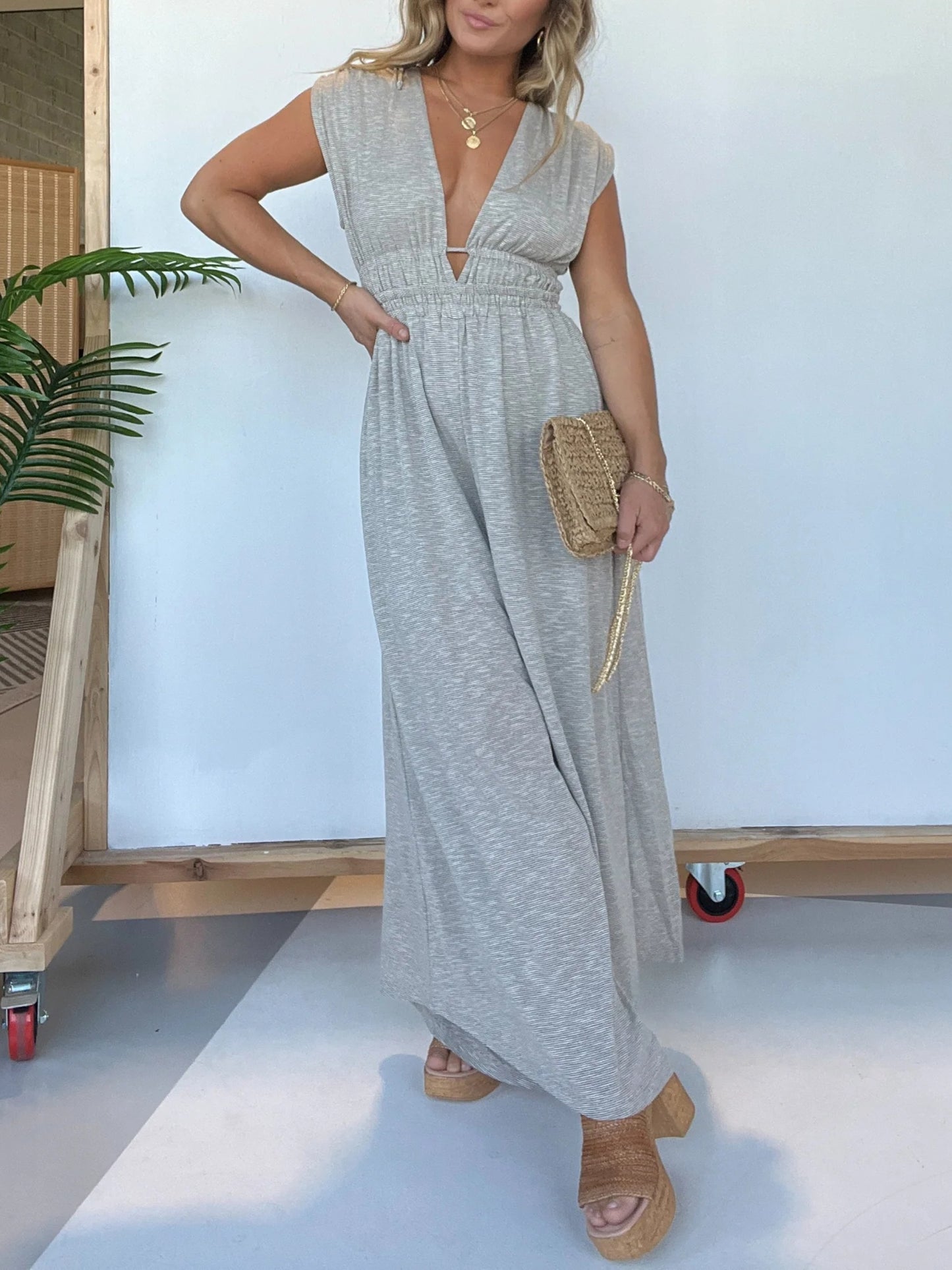 Deep V Sleeveless High Waist Jumpsuit