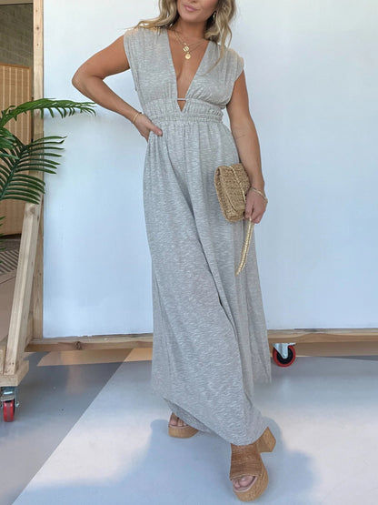 Deep V Sleeveless High Waist Jumpsuit