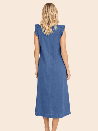 Women's Ruffle Sleeveless V-Neck Denim Maxi Dress